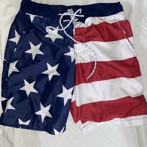 USA Patriotic American Flag Swim Trunks Small Board Shorts St John's Bay Mens 8"